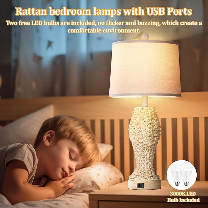 TOBUSA Rattan Table lamps for Bedroom Set of 2, 26.5inch Woven Bedside Lamps with USB C+A, Farmhouse Table Lamps for Nightstand, Coastal Seagrass Lamps for Living Room, End Table (E26 Bulbs Included) - LeafyLoom