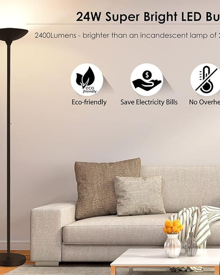 BoostArea Torchiere Floor Lamp, 24W Super Bright LED Standing Lamp, Stepless Dimmable Pole Lamp with 3000K Lighting, Rotary Switch, 70 Inch Tall Metal Modern Floor lamps for Living Room/Bedroom Brown - LeafyLoom