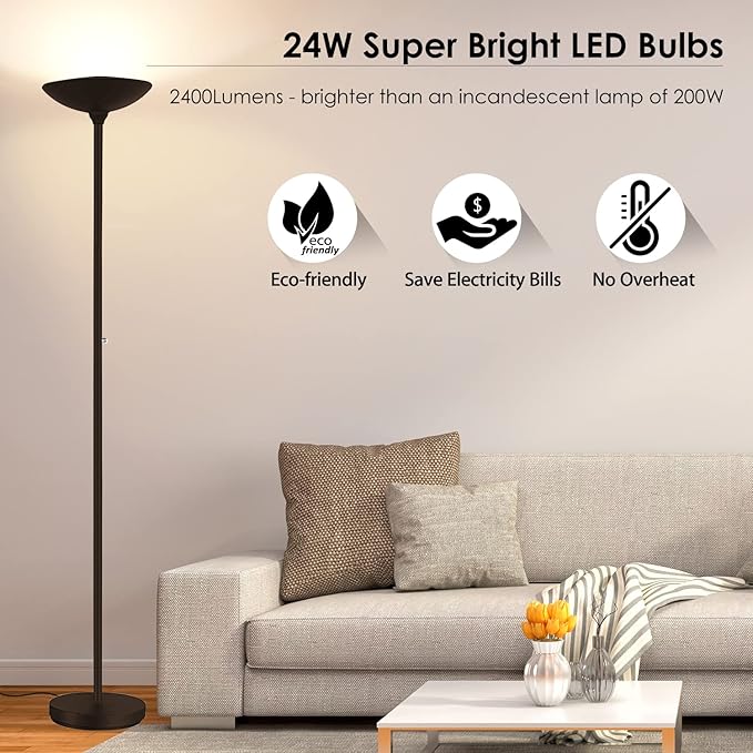 BoostArea Torchiere Floor Lamp, 24W Super Bright LED Standing Lamp, Stepless Dimmable Pole Lamp with 3000K Lighting, Rotary Switch, 70 Inch Tall Metal Modern Floor lamps for Living Room/Bedroom Brown - LeafyLoom
