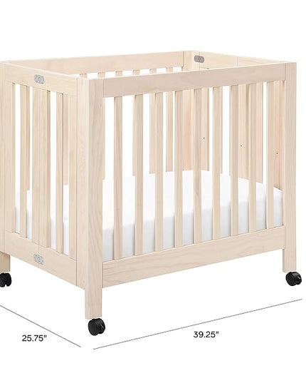 Babyletto Origami Mini Portable Crib Folding with Wheels in Washed Natural, 2 Adjustable Mattress Positions, Greenguard Gold Certified - LeafyLoom