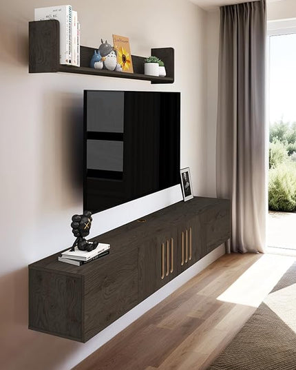 Pmnianhua Floating TV Stand,85'' Wall Mounted TV Cabinet, Mid Century TV Bench Under TV Entertainment Center Shelf TV Console Table with 4 Cabinets for Living Room Bedroom (Dark Grey) - LeafyLoom