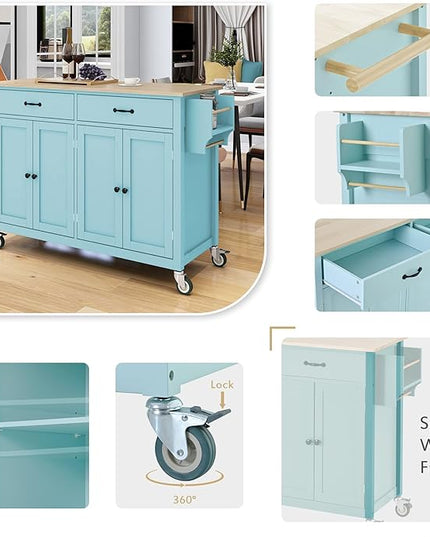 Kitchen Island Cart with Solid Wood Top, Mobile Kitchens Carts with Storage Cabinet, Rolling Kitchen Table w/Spice Rack, Towel Rack, and Drawer, Portable Islands on Wheels for Bar - LeafyLoom