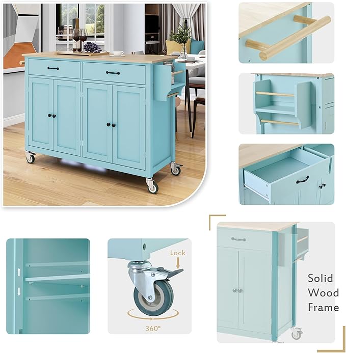 Kitchen Island Cart with Solid Wood Top, Mobile Kitchens Carts with Storage Cabinet, Rolling Kitchen Table w/Spice Rack, Towel Rack, and Drawer, Portable Islands on Wheels for Bar - LeafyLoom