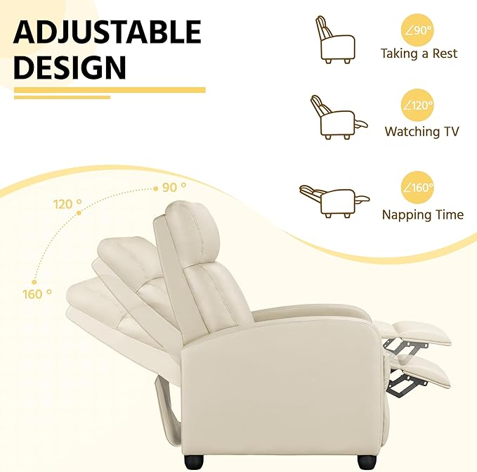 Yaheetech Recliner Chair PU Leather Recliner Sofa Home Theater Seating Adjustable Modern Single Reclining Chair Sofa with Pocket Spring Living Room Bedroom Beige - LeafyLoom