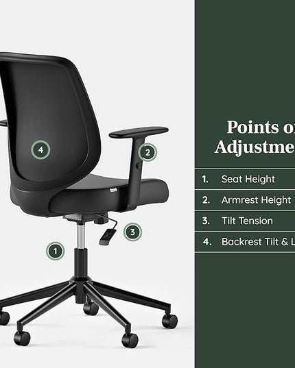 Branch Daily Chair - Vegan Leather Office Chair with Swivel, Lumbar Rest, and Adjustable Armrests - Comfortable Seating for Improved Posture and Productivity - Black - LeafyLoom