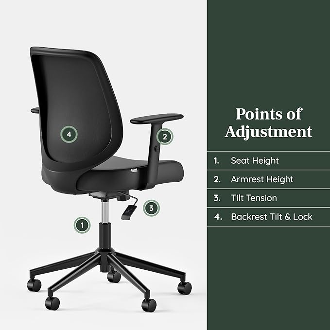 Branch Daily Chair - Vegan Leather Office Chair with Swivel, Lumbar Rest, and Adjustable Armrests - Comfortable Seating for Improved Posture and Productivity - Black - LeafyLoom