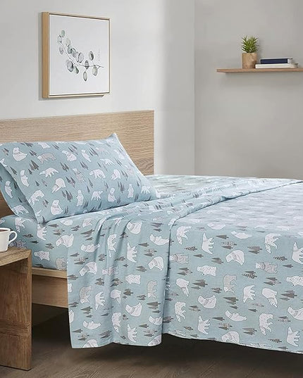 Comfort Spaces Cotton Flannel Breathable Warm Deep Pocket Sheets with Pillow Case Bedding, Twin, Blue Polar Bears 3 Piece - LeafyLoom
