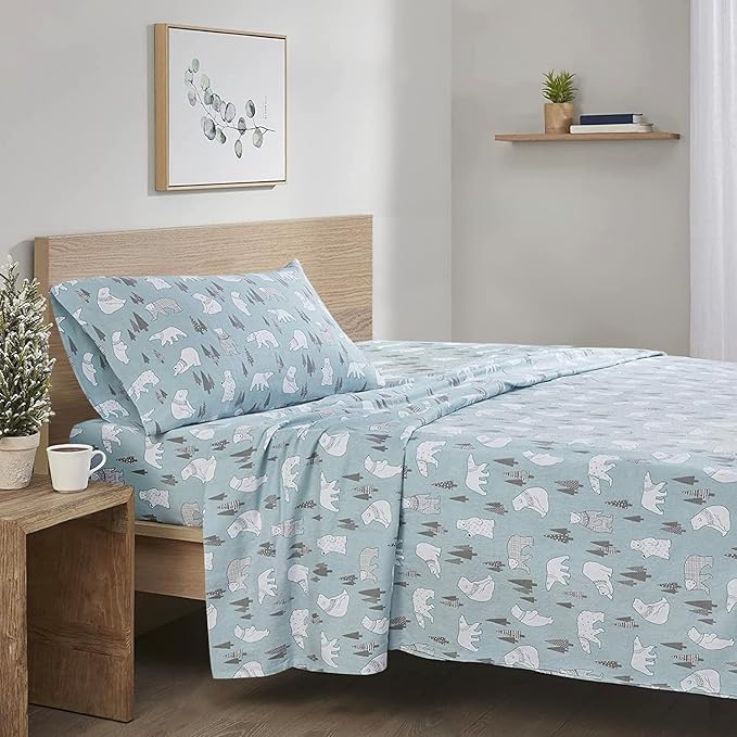 Comfort Spaces Cotton Flannel Breathable Warm Deep Pocket Sheets with Pillow Case Bedding, Twin, Blue Polar Bears 3 Piece - LeafyLoom