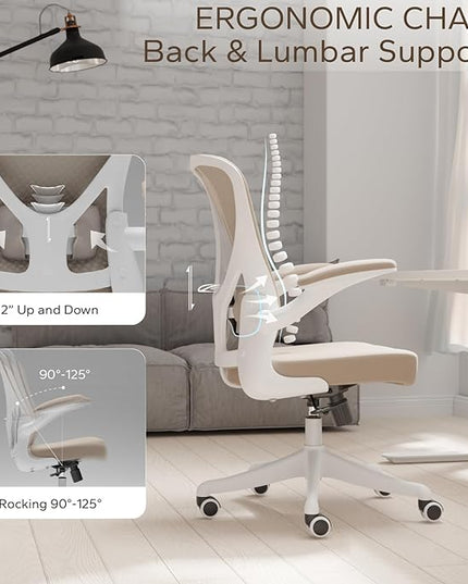 Mid Back Ergonomic Chair For Computer Home Desk with Flip-Armrest & Cushion for Lumbar Support, Thickened Cushion Desk Chairs Khaki - LeafyLoom