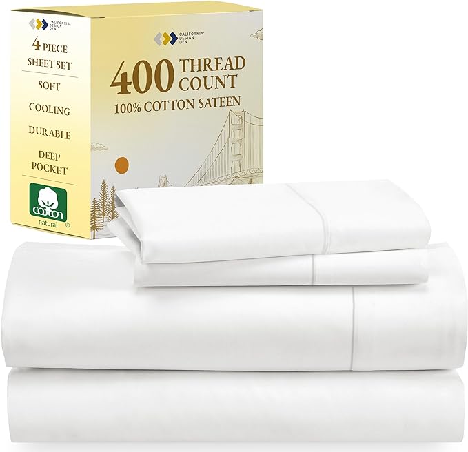 California Design Den Soft 100% Cotton Sheets, Full Size Sheet Sets, 4 Pc Set, 400 Thread Count Sateen Bedding, Deep Pocket Sheets, Cooling Sheets,Full Size Sheets,Breathable Bed Set (Antique White) - LeafyLoom