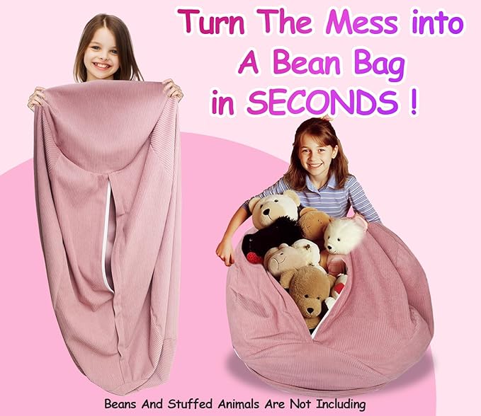 Stuffed Animal Bean Bag Storage Chair Cover for Kids Teens Adults (No Filler) Soft Washable Premium Corduroy Organizing Plush Toys Comfortable Organizer Keep Clutter with Premium Zipper Medium - LeafyLoom
