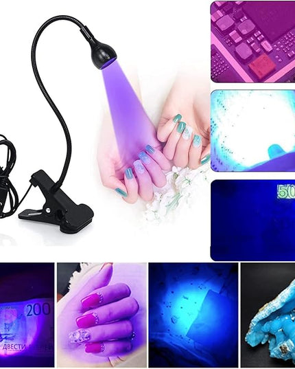 UV Nail Lamp, UV Light for Nails UV LED Light Fixtures with Gooseneck and Clamp Mini Desk Light Clamp Portable Gooseneck for Outdoor Stall Gel Nail Curing, 5V USB Input (Black,Round Head) - LeafyLoom