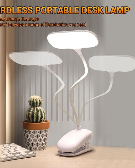LED Desk Lamp with Clamp, Eye-Caring Clip on Lights for Home Office, 3000mAh Rechargeable Battery Operated Table Lamps,3 Lighting Modes & Brightness Dimmer Light for Kids Students - LeafyLoom
