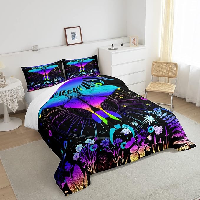 Erosebridal Moth Comforter Set King Hippie Psychedelic Sun and Moon Bedding Set,Purple Blue Ombre Galaxy Floral Botanical Comforter for Girls Teens Women Stars Planet Quilt Duvet 2 Pillowcases - LeafyLoom