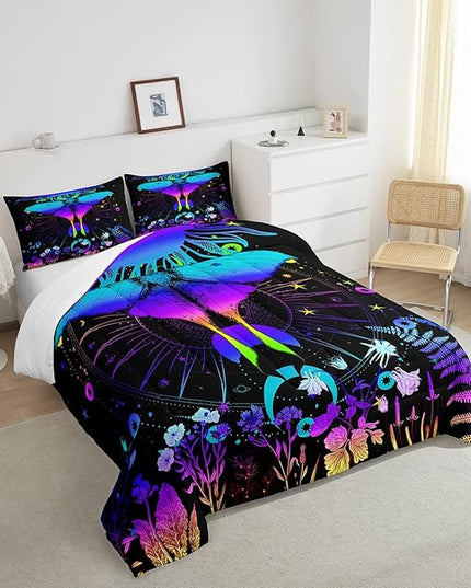 Erosebridal Moth Comforter Set Hippie Psychedelic Sun and Moon Bedding Set Twin,Purple Blue Ombre Galaxy Floral Botanical Comforter for Girls Teens Women Stars Planet Quilt Duvet 1 Pillowcase - LeafyLoom