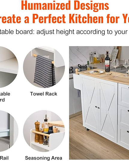 VEVOR Kitchen Island Cart with Solid Wood Top, 35.4" Width Mobile Carts with Storage Cabinet, Rolling Kitchen Table with Spice Rack, Towel Rack, Drop Leaf and Drawer, Portable Islands on Wheels, White - LeafyLoom