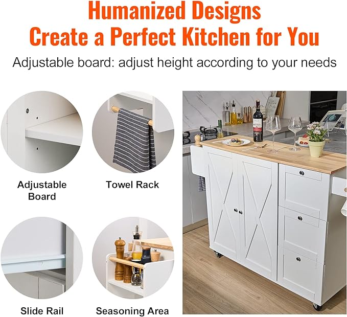 VEVOR Kitchen Island Cart with Solid Wood Top, 35.4" Width Mobile Carts with Storage Cabinet, Rolling Kitchen Table with Spice Rack, Towel Rack, Drop Leaf and Drawer, Portable Islands on Wheels, White - LeafyLoom