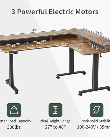 FEZIBO Triple Motor 63" L Shaped Standing Desk with 3 Drawers, Electric Standing Desk Adjustable Height, Corner Stand up Desk with Splice Board - Rustic Brown - LeafyLoom