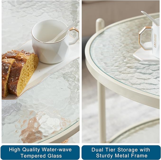 VINGLI 25.6" Small Cream White Round Coffee Table Water-wave Glass Circle Clear Coffee Table, Center Table with 2-Tier Modern Storage Design for Living Room, Bedroom, Meeting Room, Balcony, Beige - LeafyLoom