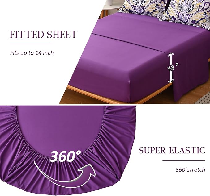 Yiran Purple Paisley Comforter Set King 7 Pieces Bed in a Bag Boho Comforter Lightweight Microfiber Reversible Bedding Set (1 Comforter, 1 Flat Sheet, 1 Fitted Sheet, 2 Pillowcases, 2 Pillow Shams) - LeafyLoom