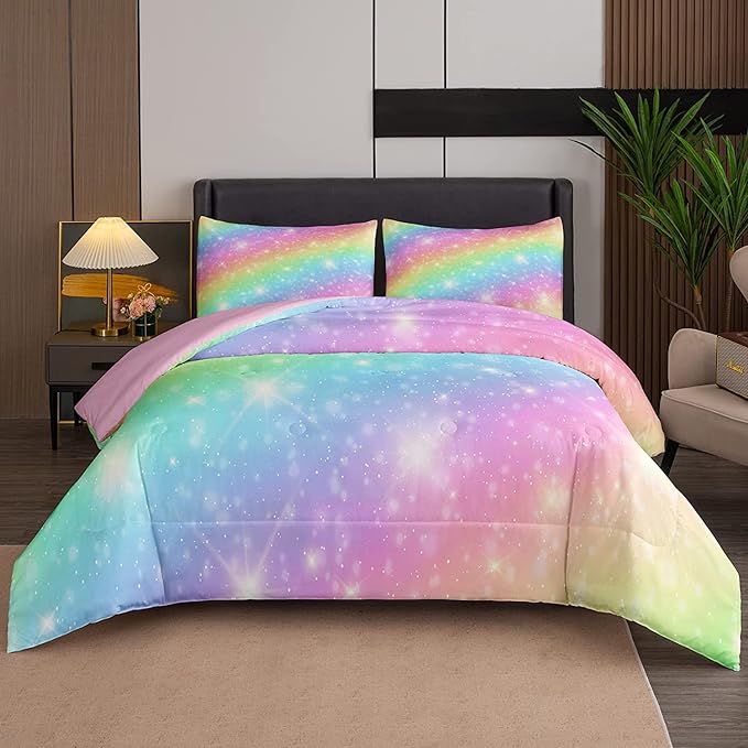 NINENINE Rainbow Bedding Girls Full Size Comforter Sets 5PCS Girls Pink Bedding Set Teen Girl Comforter Set(1Comforter, 1Flat Sheet, 1Fitted Sheet, 2Pillowcases)… - LeafyLoom