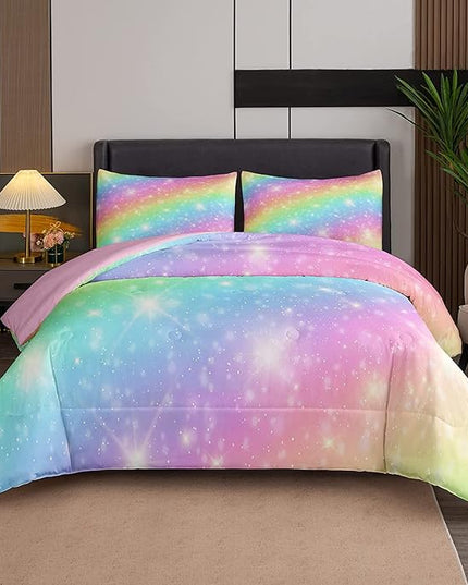 NINENINE Rainbow Bedding 5PCS Queen Comforter Set Pink Bedding Sets Teen Girl Comforter Glitter Bedding Set(1Comforter, 1Flat Sheet, 1Fitted Sheet, 2Pillowcases)… - LeafyLoom