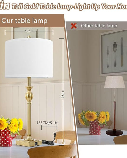 TOBUSA 28” Gold Table Lamps Set of 2, Tall Bedside lamps with Dual USB Charging Ports, Modern Nightstand Lamps with Square Brass Base and White Fabric Shade for Living Room, Bedroom(No E26 Bulbs) - LeafyLoom
