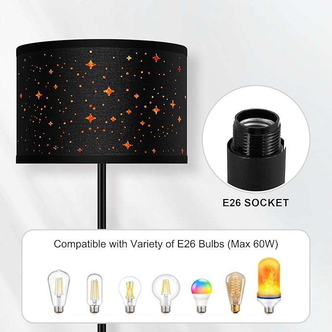 Black Floor Lamps for Living Room Bedroom, Bright Modern Standing Lamp with LED Bulb(6W Bulb), Black Star Lamp Shade, 59" Tall, Footswitch, Simple Reading Floor Lamps Corner Lamp for Office/Den - LeafyLoom
