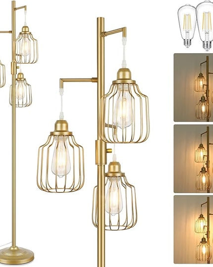 Dimmable Industrial Floor Lamp with 3 LED Edsion Bulbs, Farmhouse Tall Standing Lamp for Living Room, Modern Gold Tree Floor Lamp, Bright Vintage Pole Light with Cage Shades for Bedroom Home Decor - LeafyLoom