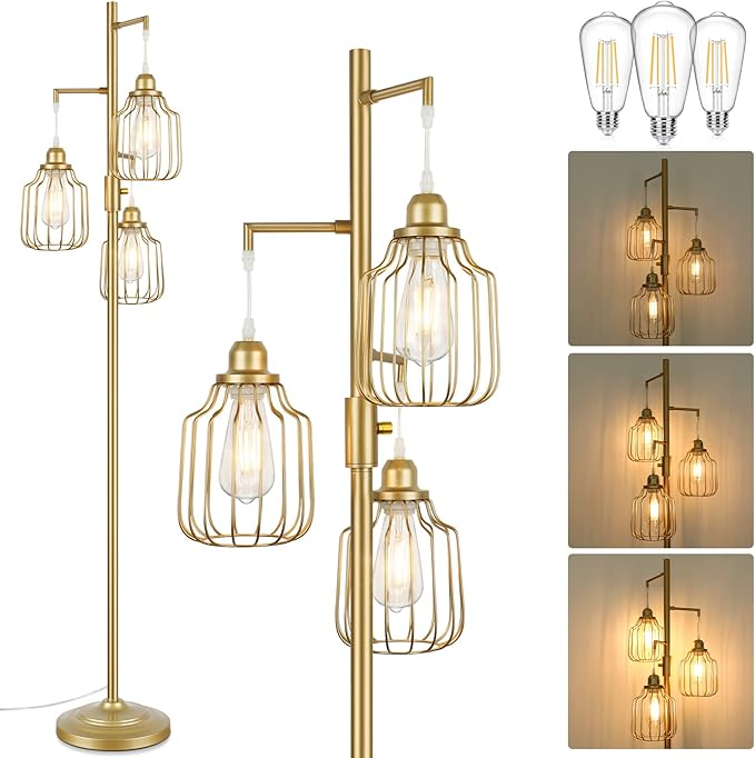 Dimmable Industrial Floor Lamp with 3 LED Edsion Bulbs, Farmhouse Tall Standing Lamp for Living Room, Modern Gold Tree Floor Lamp, Bright Vintage Pole Light with Cage Shades for Bedroom Home Decor - LeafyLoom