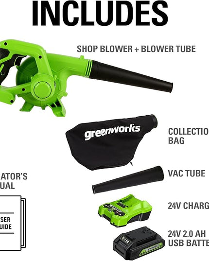 Greenworks 24V (90 MPH / 180 CFM / 125+ Compatible Tools) Cordless Shop Blower, 2.0Ah Battery and Charger Included - LeafyLoom