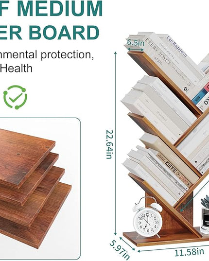 Tree Bookshelf, 5 -Tier Book Storage Organizer Shelves Floor Standing Bookcase, Wood Storage Rack for Office Home School Shelf Display for Cd/Magazine (Rustic Brown) - LeafyLoom