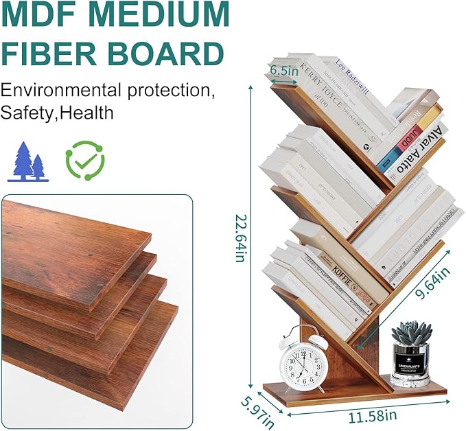 Tree Bookshelf, 5 -Tier Book Storage Organizer Shelves Floor Standing Bookcase, Wood Storage Rack for Office Home School Shelf Display for Cd/Magazine (Rustic Brown) - LeafyLoom