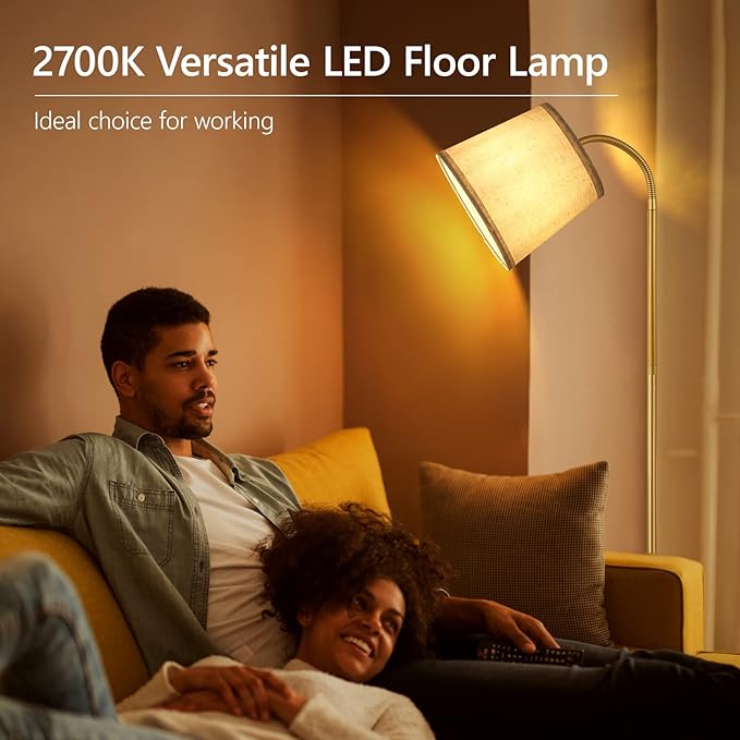 LED Floor Lamp, Standing Lamp for Living Room with Linen Lamp Shade,Adjustable Gooseneck Modern Reading Light,Floor Lamps for Bedroom,Office,Farmhouse,12W LED Bulb Included - LeafyLoom