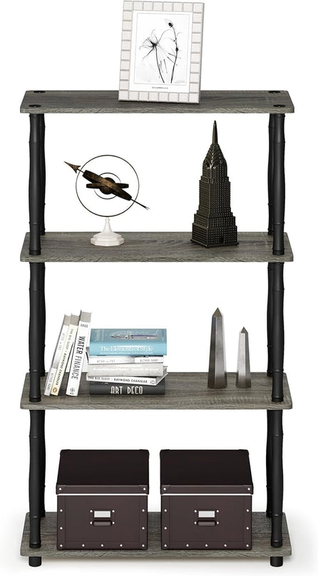 Furinno Turn-N-Tube 4-Tier Multipurpose Shelf Display Rack, Classic Tubes, French Oak Grey/Black - LeafyLoom