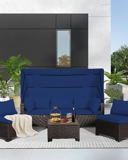 6 PCS Outdoor Patio Furniture Set,Sectional Sofa Set,Rattan Daybed with Retractable Canopy,Adjustable Backrest,Storage Coffee Table,Chaise Chair Sunbed for Garden Poolside Backyard(Dark Blue) - LeafyLoom