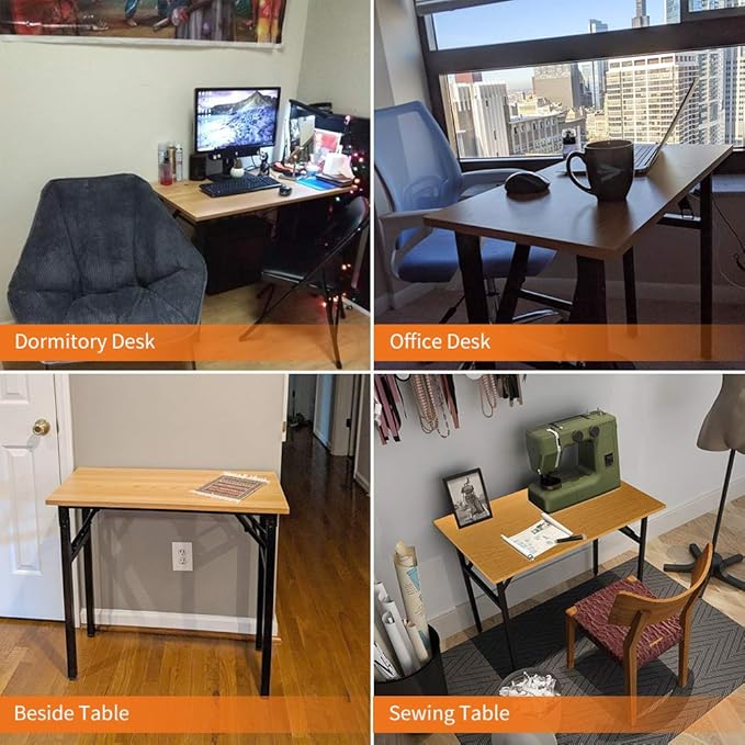 Need Folding Desk Small Desk 31 1/2" No Assembly Foldable Computer Desk for Small Space/Home Office/Dormitory,Teak&Black Frame - LeafyLoom