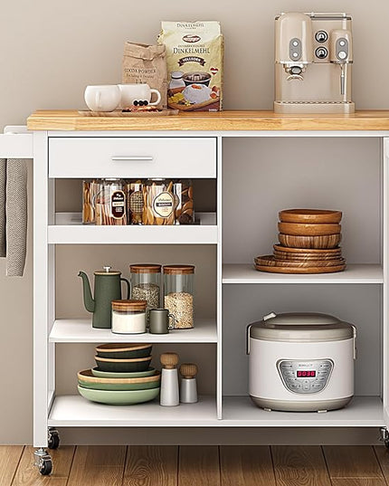 sogesfurniture Rolling Kitchen Serving Cart with Drawer and Storage Shelves, Kitchen Island Cart Trolley on Wheels with Rubberwood Countertop, Storage Cabinet, Towel Holder, White - LeafyLoom