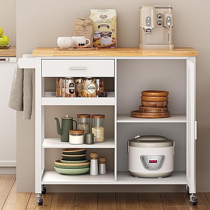 sogesfurniture Rolling Kitchen Serving Cart with Drawer and Storage Shelves, Kitchen Island Cart Trolley on Wheels with Rubberwood Countertop, Storage Cabinet, Towel Holder, White - LeafyLoom