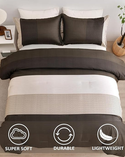 Brown Comforter Set King, Reversible Brown Striped Down Alternative Comforter for King Bed,3 Pieces (1 Comforter+2 Pillowcases), Soft Microfiber Bedding Duvet Set 104"×90" - LeafyLoom