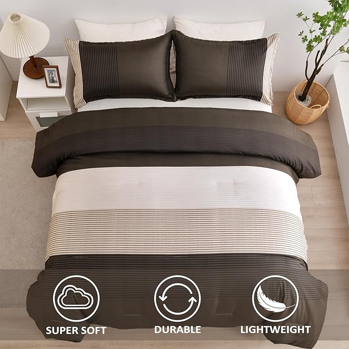 Brown Comforter Set King, Reversible Brown Striped Down Alternative Comforter for King Bed,3 Pieces (1 Comforter+2 Pillowcases), Soft Microfiber Bedding Duvet Set 104"×90" - LeafyLoom