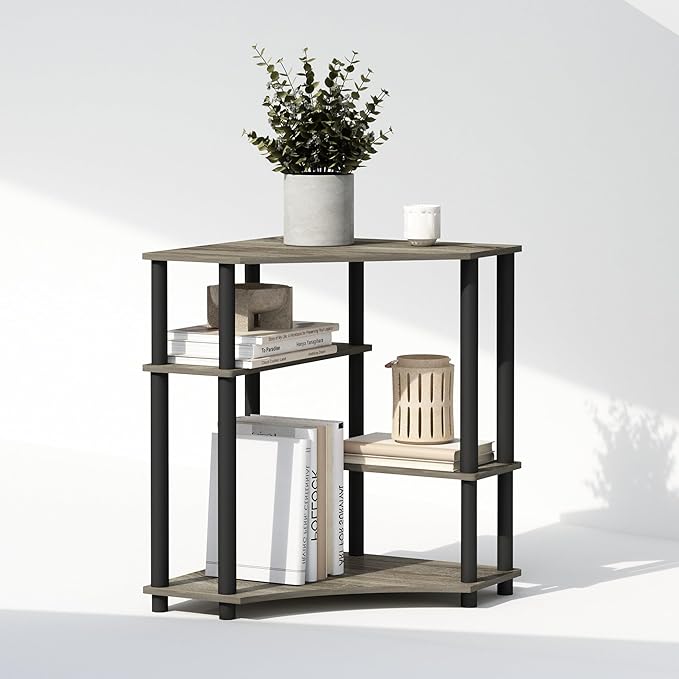 Furinno Turn-N-Tube Multipurpose Corner Shelf, Display Rack, Bookshelf, French Oak/Black - LeafyLoom
