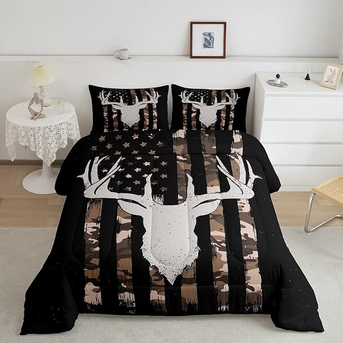 Camouflage American Flag Comforter Set, Hunting Antler Bedding Comforter Sets Brown Black Camo Striped Bedding King Size for Kids Boys Teens Adult Women, Rustic Woodland Animal Duvet Insert - LeafyLoom