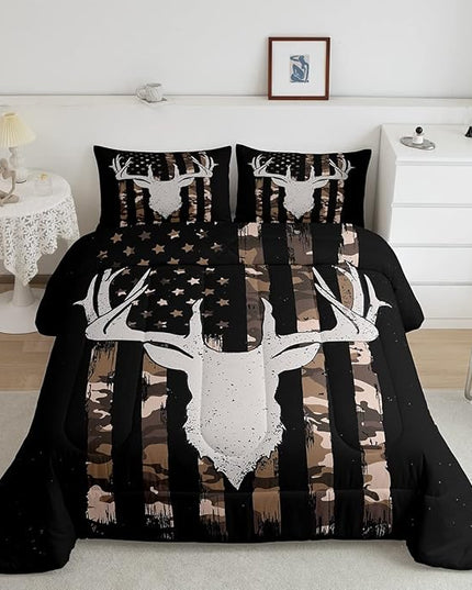 Erosebridal American Flag Bedding Full, Hunting Deer Theme Comforter Set for Kids Boys Youth Adults, Geometric Camo Stripes Bedding Comforter Sets Bedroom Decor with 2 Pillowcases - LeafyLoom