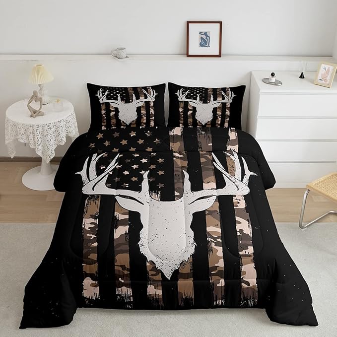 Erosebridal American Flag Bedding Full, Hunting Deer Theme Comforter Set for Kids Boys Youth Adults, Geometric Camo Stripes Bedding Comforter Sets Bedroom Decor with 2 Pillowcases - LeafyLoom