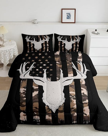 Erosebridal Brown Camo Deer Bedding Comforter Sets, American Flag Comforter Set Queen Size for Boys Teens, Western Farmhouse Antlers Bedding Retro Camouflage Geometry Striped Quilt 3 Pcs - LeafyLoom
