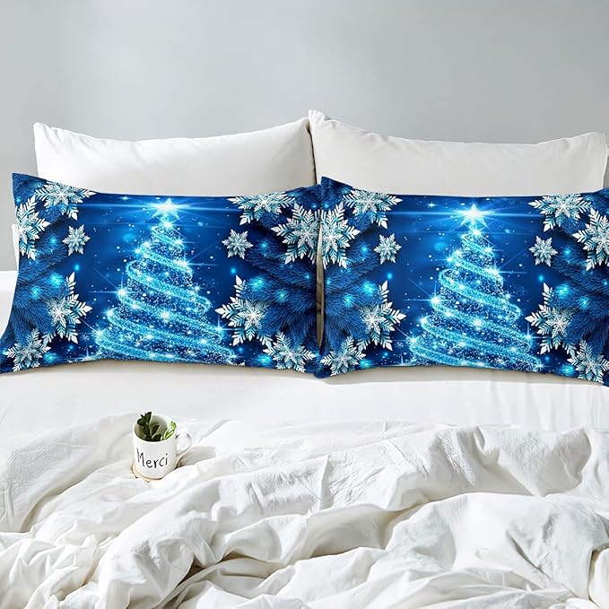 Feelyou Girls Christmas Tree Comforter Set Blue Xmas Theme Comforter Twin Chic Winter Snowflake Bedding Set for Girls Daughter Bedroom Decor Soft Girly Glitter Quilted Duvet Winter Warm Bedding - LeafyLoom