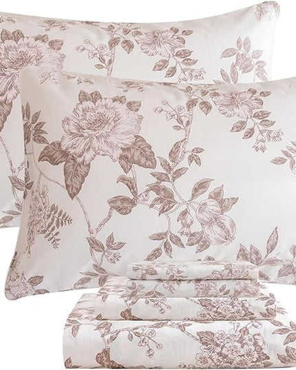 QSH Floral Egyptian Cotton Sheets King Size - Flower Bedding Sheets Botanical Pattern Printed Bedding King Size Bed Sheets 17.5" Extra Deep Pocket 4pcs - LeafyLoom