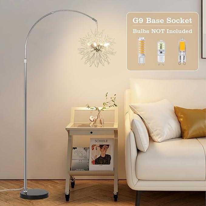 Crystal Arc Floor Lamps for Living Room, Modern Floor Lamp with Marble Base, Adjustable Height Standing Lamp, Mid Century Tall Lamp for Girls Room, Over Couch Arched Reading Light for Bedroom, Office - LeafyLoom