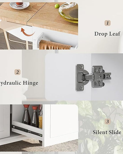 53.9" Drop Leaf, Rolling Island on Wheels w/Drawer and 3-Tier Pull Out Cabinet Organizer, Kitchen Storage Cart with Spice, Towel Rack, White, 53.94 Inch - LeafyLoom